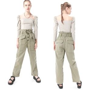 BDG Urban Outfitters Hi-Waist Paper Bag Pants Army Green Wide Baggy Cargo Large